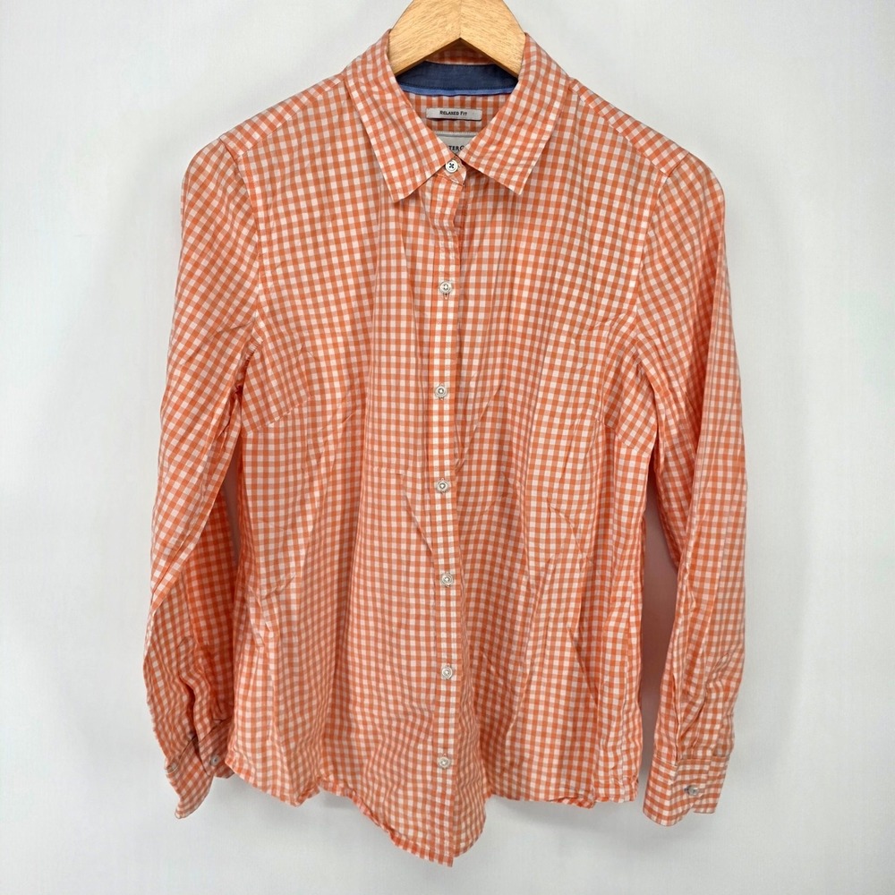 Charter Club Button Down Top Womens 8 Orange Gingham Relaxed Fit Long Sleeve